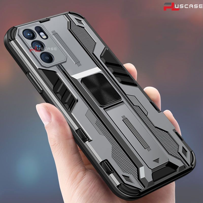 PlusCase for OPPO Reno6 4G Kickstand Phone Case Camera Lens Protector Hard Impact-Resistant Cover
