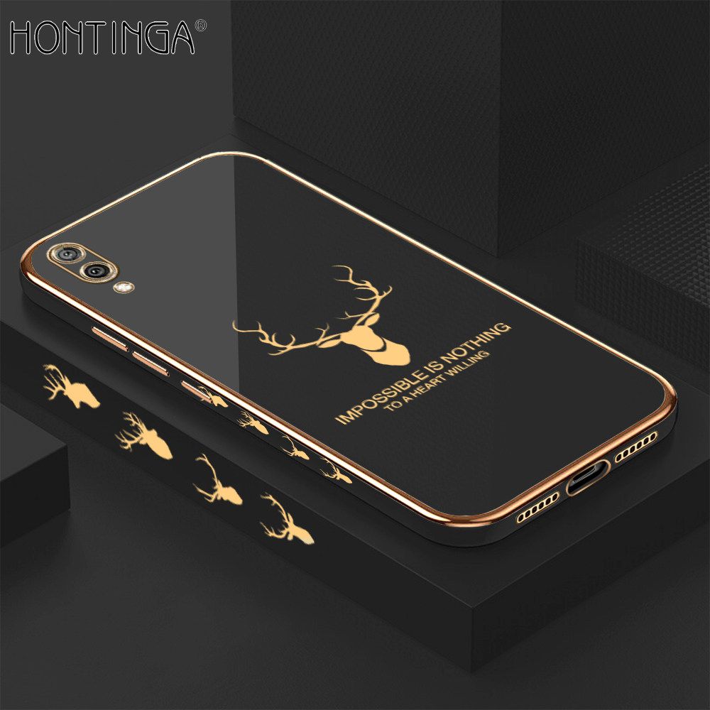 Hontinga for Huawei Y7 Pro 2019 Back Cover + Free Lanyard Luxury 6D Plating Cartoon Lucky Side Pattern Case Soft Silicone Square Phone Cases