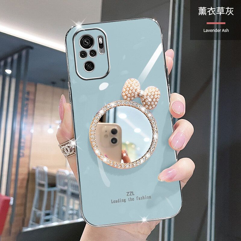 For Xiaomi Redmi Note 10 4G Back Cover + Bowknot Makeup Mirror Fashion Shiny Plating Square Bumper Bling Girls Phone Case Soft TPU Silicone Shockproof Back Cover