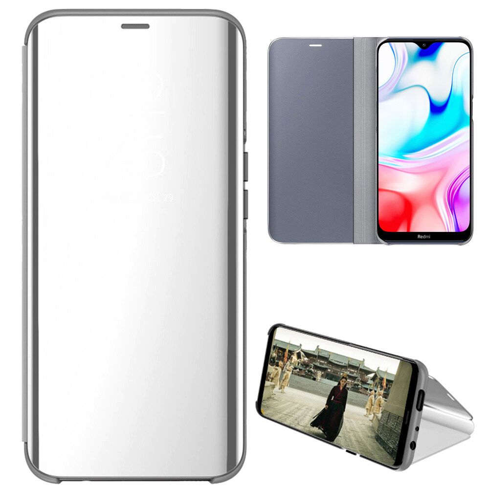 For Xiaomi Redmi 8 Mirror Plating Hard PC -PU Leather Translucent Standing View Case Cover