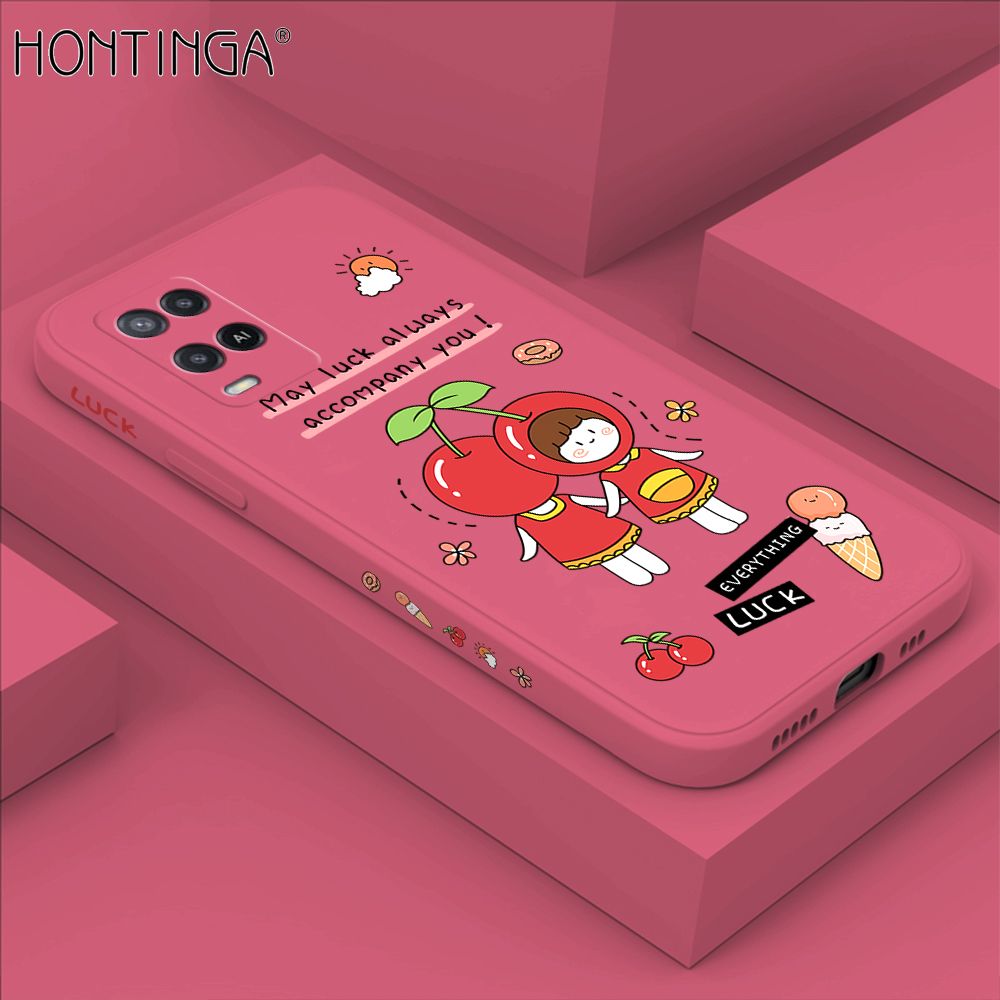 Hontinga for OPPO A54 / A54 2021 Case Side Design Cute Cherry Girl Back Cover Soft Square Edge Pattern Liquid Silicone Trend Phone Cases