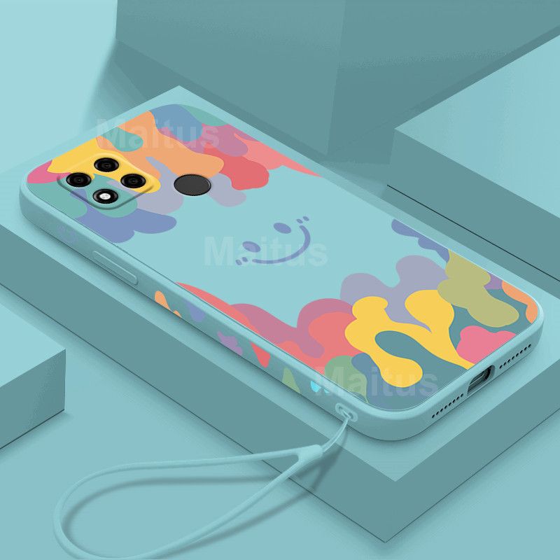 For OPPO A15S / OPPO A15 Case + Wrist Strap, [Camera Lens Protection] Fashion Ultra Thin Watercolor Smiley Pattern Liquid Soft Silicone Rubber Phone Cases Full Body Shockproof Casing Protective Cover