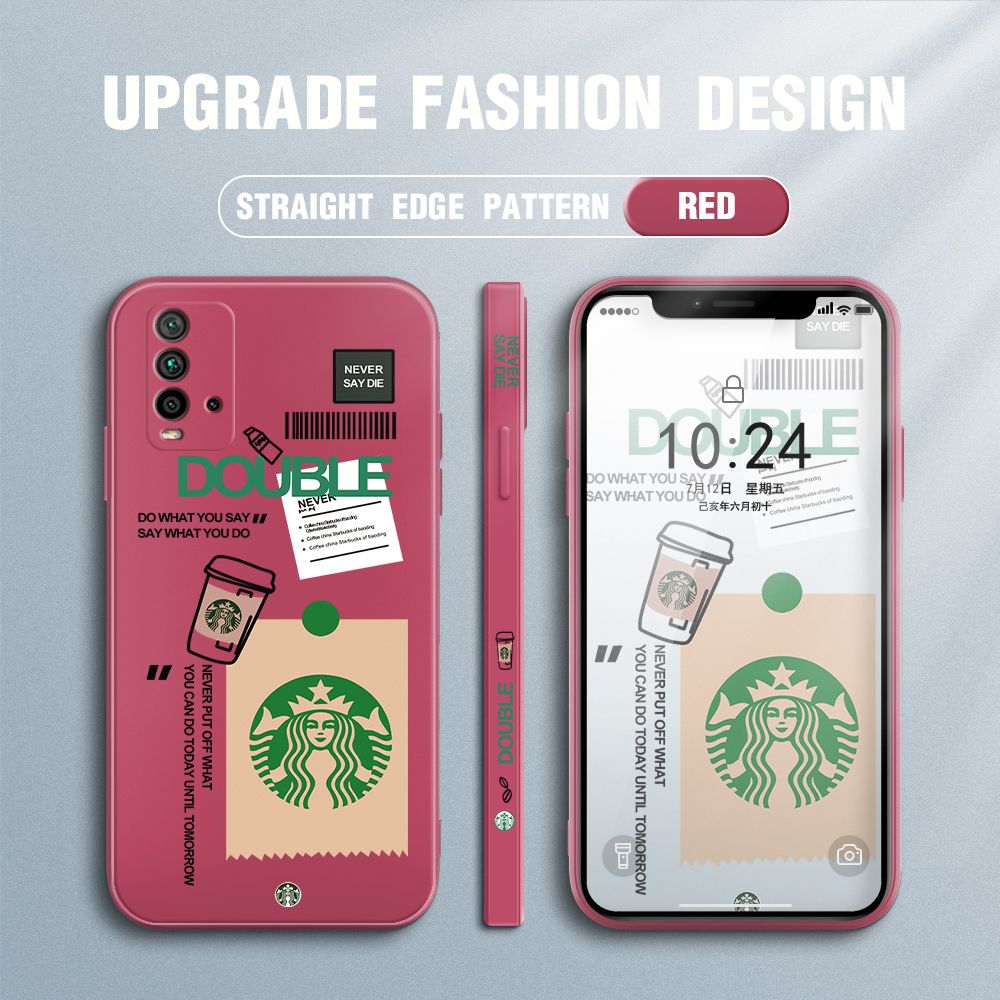 Jizetin for Redmi 9T / Redmi 9 Power Back Cover Creative Coffee Brand Side Design Liquid Silicone Phone Case Soft Full Camera Protect Phone Cases