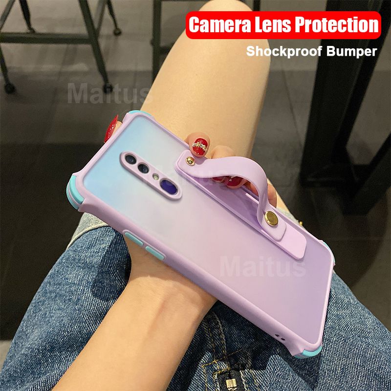 For OPPO F11 / F11 Pro Case with Wristband Stand Holder [Camera Lens Protection] Luxury Armor Matte Hard Plastic Phone Cases Soft TPU Silicone Shockproof Bumper Full Protection Casing Cover