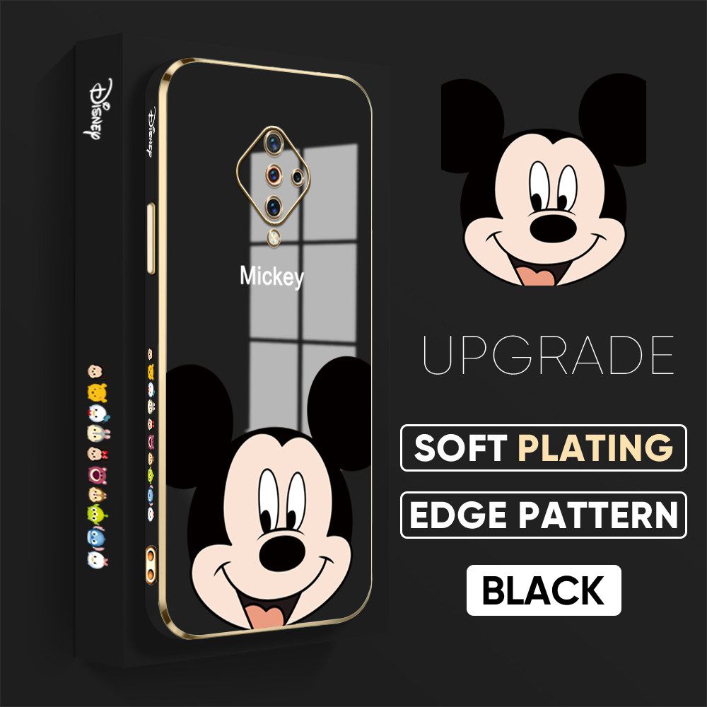 Jizetin (Free Lanyard) Vivo S1 Pro Luxury 6D Plating Soft Casing Silicone Square Frame Phone Case Shiny Bling Back Cover Cartoon Big Head Mouse New design Side Drawing Case