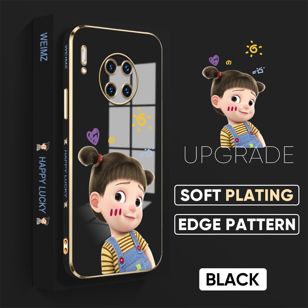 Jizetin (Free Lanyard) Huawei Mate 30 Pro Back Cover Double Ponytail Girl Luxury 6D Plating Case Side Pattern Soft Silicone Square Mobile Phone Cases