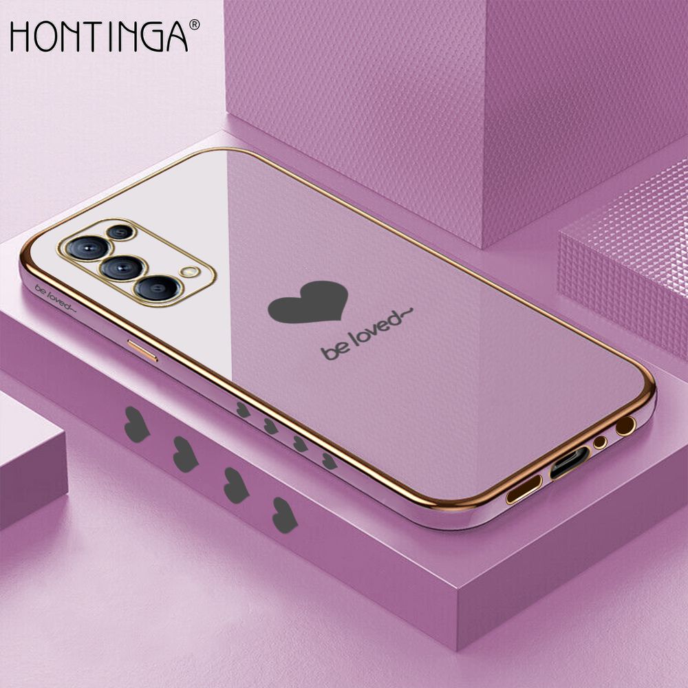 Hontinga for OPPO Reno5 5G Back Cover + Free Lanyard Luxury 6D Plating Lover Heart Side Pattern Case Soft Silicone Square Mobile Cover