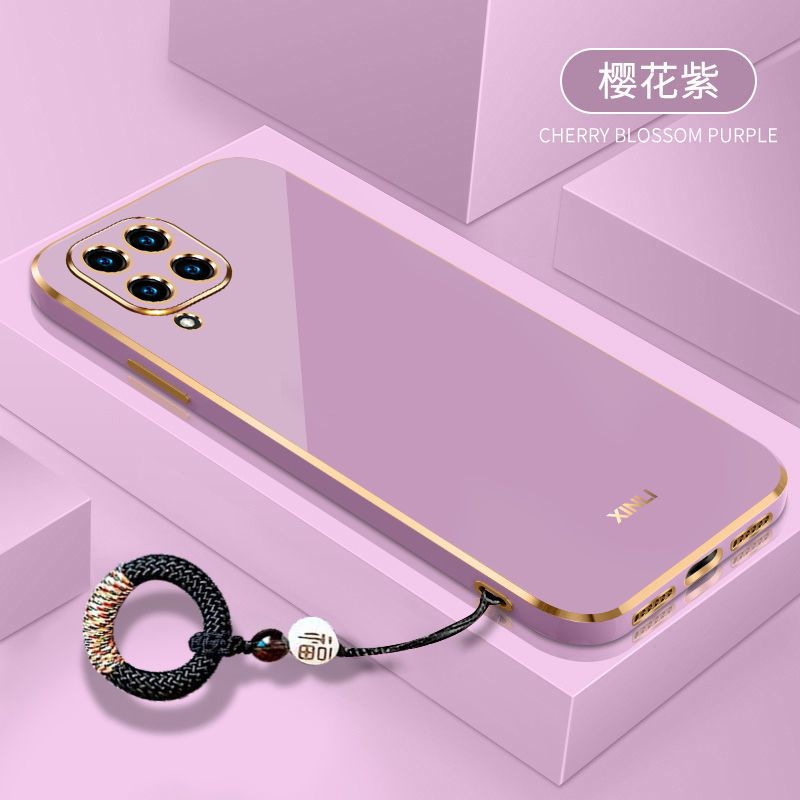 For Samsung Galaxy F62 Back Cover with Non-Slip Rope Pull Ring Shiny Plating Square Bumper Protective Case Camera Lens Protection Soft Silicone Shockproof Mobile Phone Cases