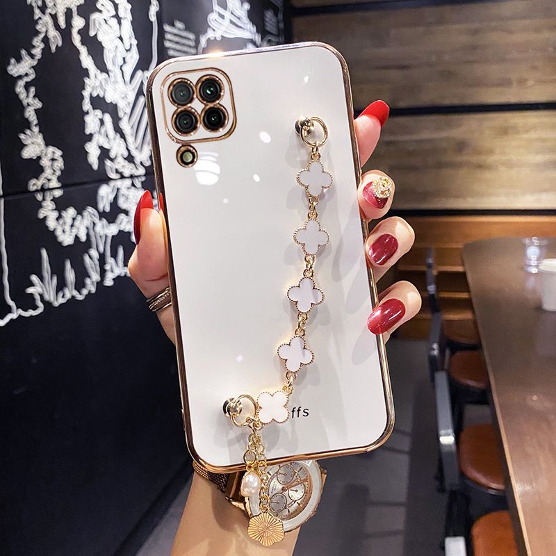 For Samsung Galaxy A12 M12 Back Cover with Lucky Clover Wristband Chain Fashion Bracelet Shiny Plating Square Edge Bumper Phone Case Soft Silicone Bumper Protective Cover
