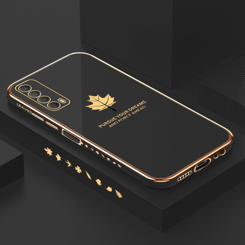 ZeroQiQi for Huawei Y7A Back Cover Maple Leaf Luxury 6D Plating Case Side Pattern Soft Silicone Square Phone Cases + Free Lanyard
