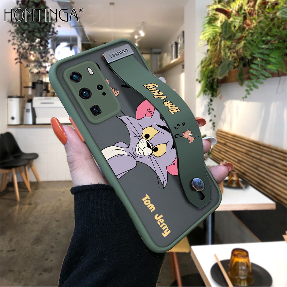 Hontinga for Huawei P40 Pro Back Cover With Wristband Popular Cartoon Pattern Phone Casee Full Lens Protection Thin Frosted Cases