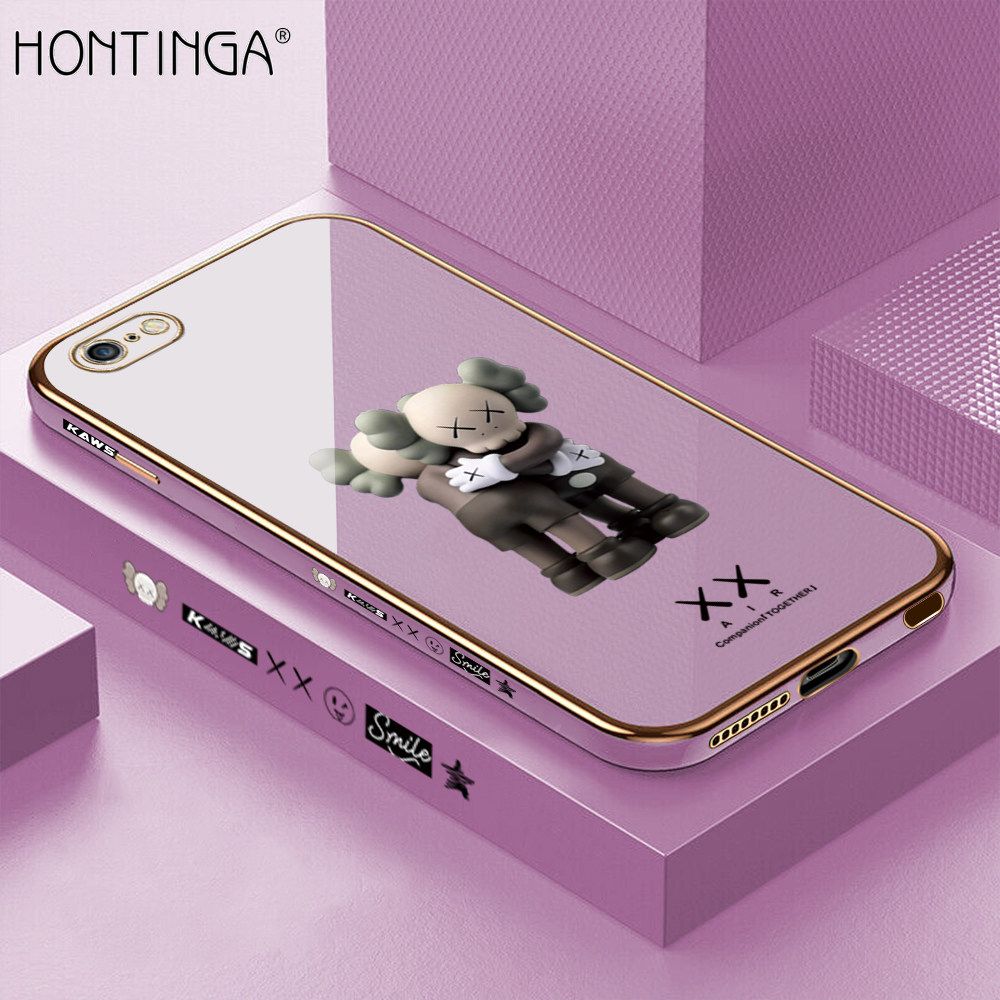 Hontinga for iPhone 6 Plus Back Cover + Free Lanyard Luxury 6D Plating Cartoon Hug bear Side Pattern Case Soft Silicone Square Mobile Cover