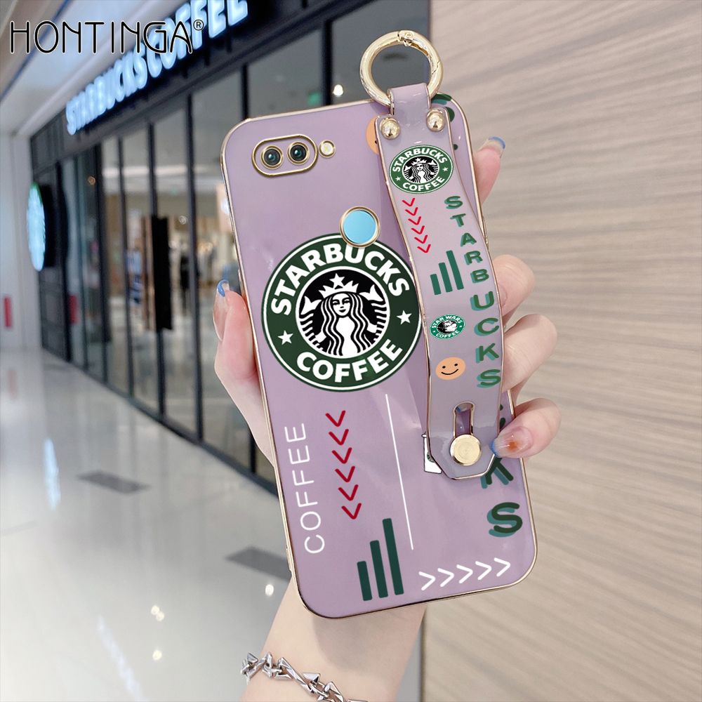 Hontinga for OPPO F9 / Realme 2 Pro / U1 Back Cover With Wristband Luxury 6D Plating Coffee Sign Case Soft Silicone Square Phone Cases