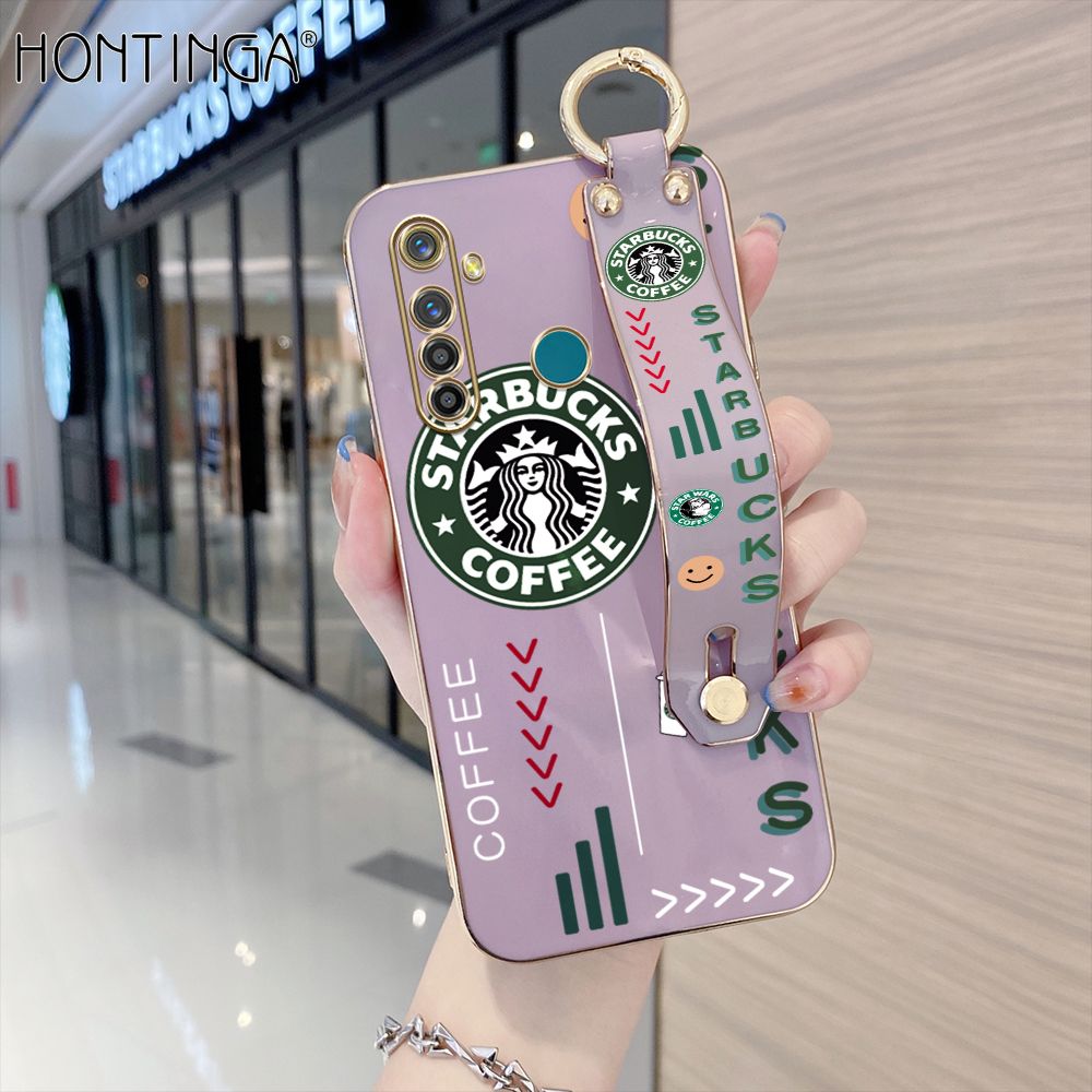 Hontinga for Realme 5 Pro Back Cover With Wristband Luxury 6D Plating Coffee Sign Case Soft Silicone Square Phone Cases
