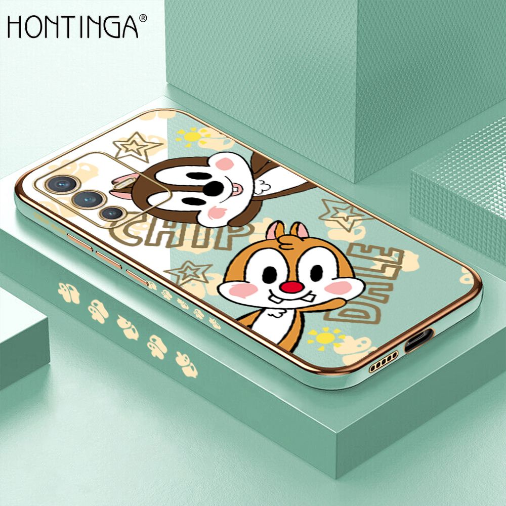 Hontinga for Vivo V23 5G Back Cover + Free Lanyard Luxury 6D Plating Cute Cartoon Rat Side Pattern Case Soft Silicone Square Phone Cases