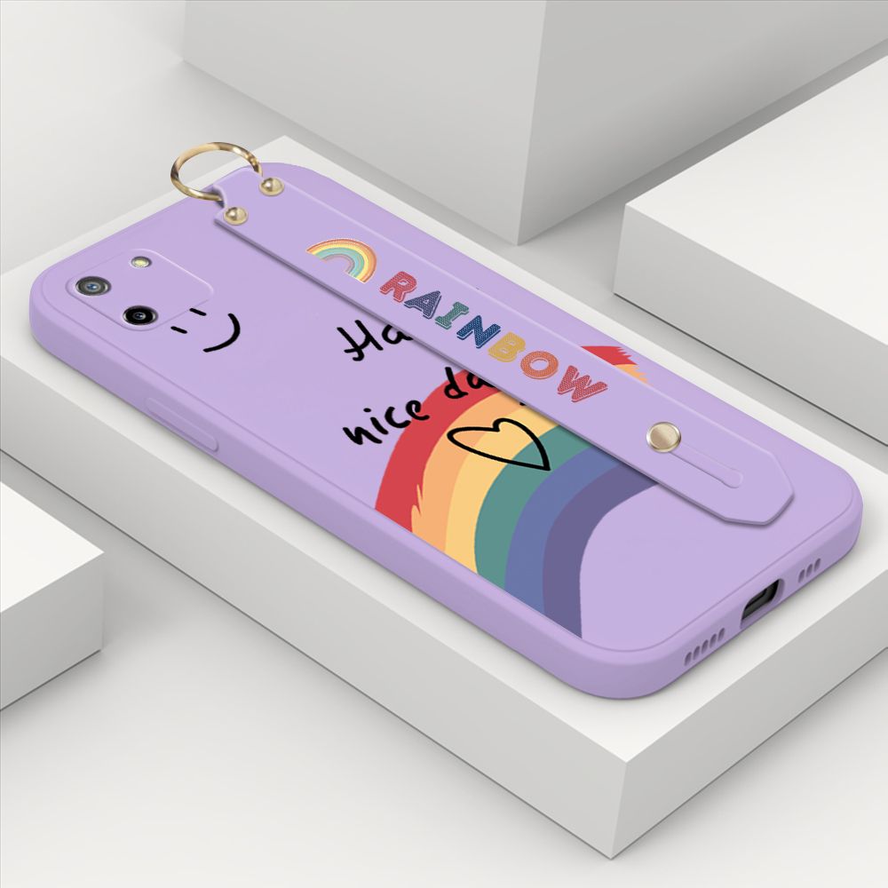 ZeroQiQi for Realme C11 Wrist Strap Case Lovely Graffiti Rainbow Smile Thin Phone Cover Square Edge Liquid Silicone Creativity Phone Case