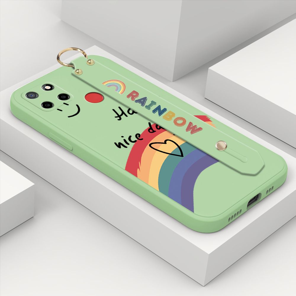 ZeroQiQi for Realme Narzo 30A Wrist Strap Case Lovely Graffiti Rainbow Smile Thin Phone Cover Square Edge Liquid Silicone Creativity Phone Case