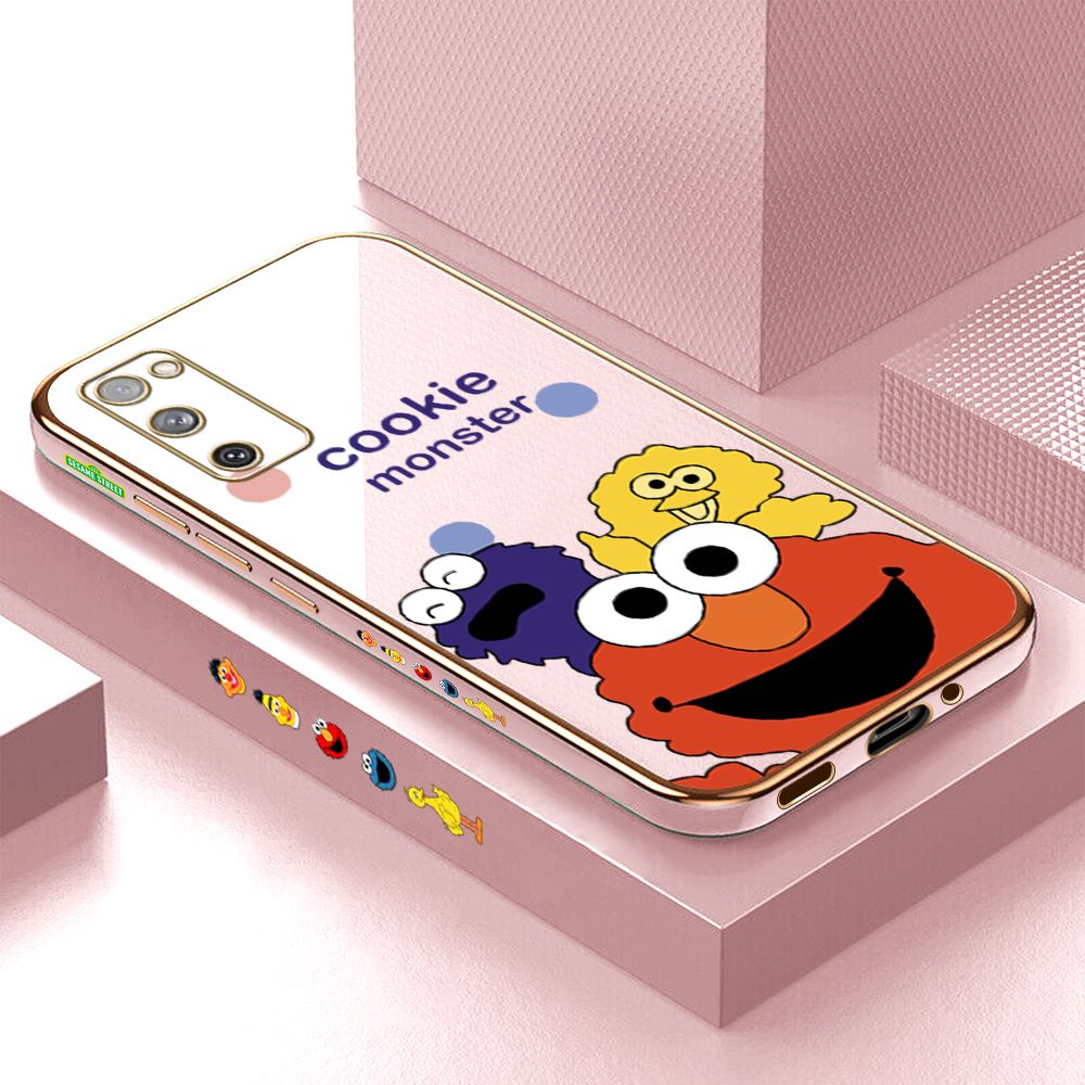 Luxury 6D Plating Case for Samsung S20 FE 5G Three Little Monsters Side Pattern Back Cover Soft Silicone Square Phone Cases + Free Lanyard
