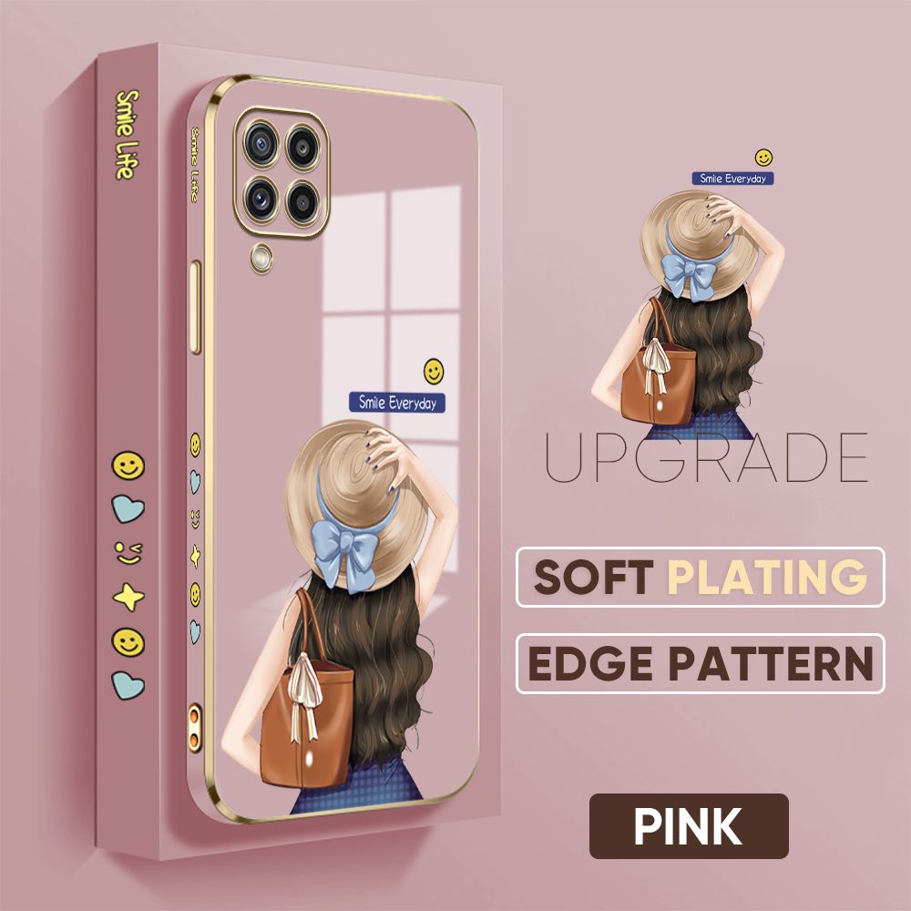 Jizetin (Free Lanyard) Samsung Galaxy M32 Back Cover Girl In Hat Luxury 6D Plating Case Side Pattern Soft Silicone Square Mobile Phone Cases