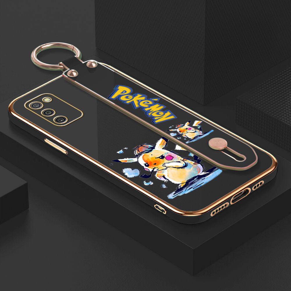 UCUC for Samsung Galaxy A02S / M02S Wrist Strap Back Cover + Free Lanyard Pikachu Fashion Luxury 6D Plating Soft Casing Silicone Square Frame Phone Case