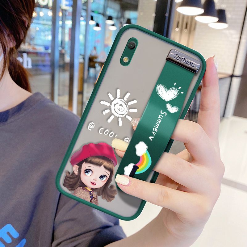 UCUC for Huawei Y6 Pro 2019 Wrist Strap Case Lovely Cartoon Red Hat Girl Wristband Printing Cover Shockproof Frosted Phone Case