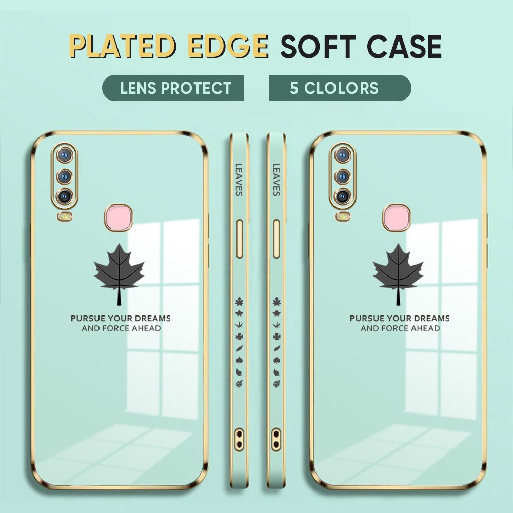 Luxury 6D Plating Case for Vivo Y15 Phone Cases Maple Leaf Side Print Soft Silicone Square Back Cover