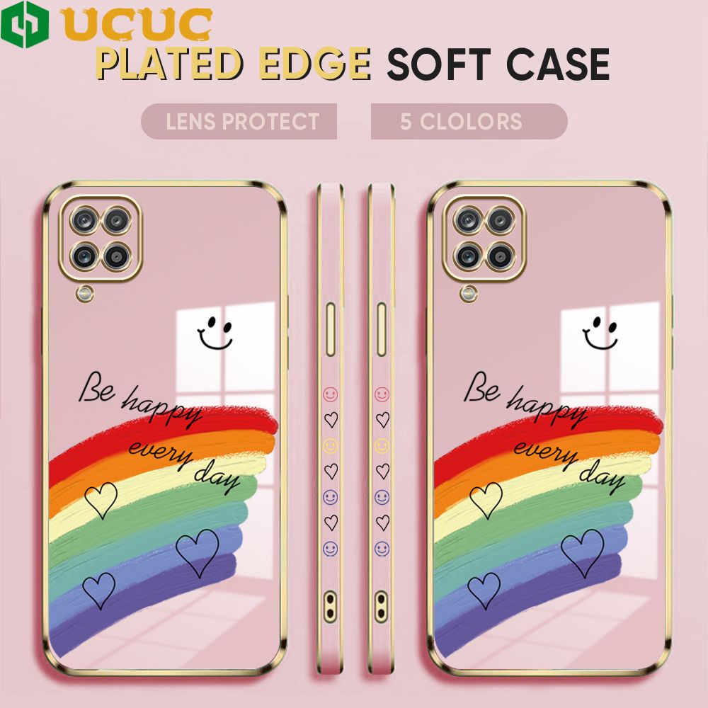 UCUC for Samsung Galaxy A12 / A12 5G / M12 Back Cover + Free Lanyard Rainbow Doodle Luxury 6D Plating Case Side Pattern Soft Silicone Square Phone Cases
