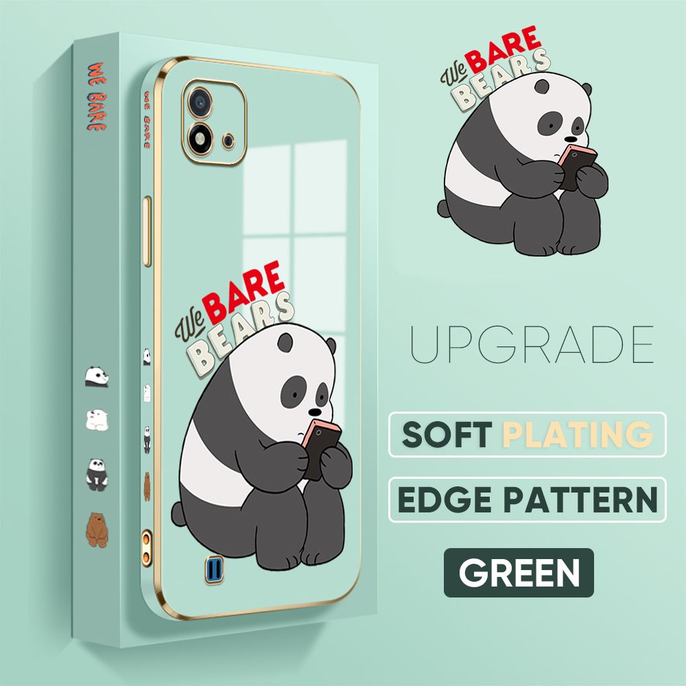 TA for Realme C20 / Realme C20A / Realme C11 2021 Back Cover + Free Lanyard Panda Reading Luxury 6D Plating Case Side Pattern Soft Silicone Square Phone Cases