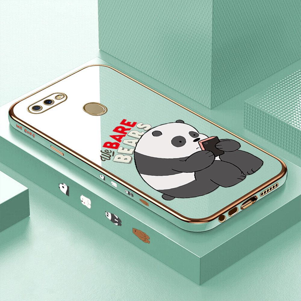 Luxury 6D Plating Case for OPPO A5S Cartoon Panda Side Pattern Back Cover Soft Silicone Square Frame Shiny Bling Phone Cases + Free Lanyard