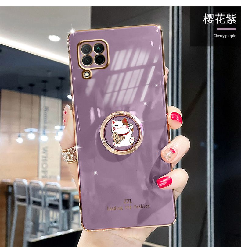 For Samsung Galaxy F22 Cover + Ring Holder Stand Shiny Plating Square Bumper Phone Case Lens Protection Soft Silicone Shockproof Protective Back Cover