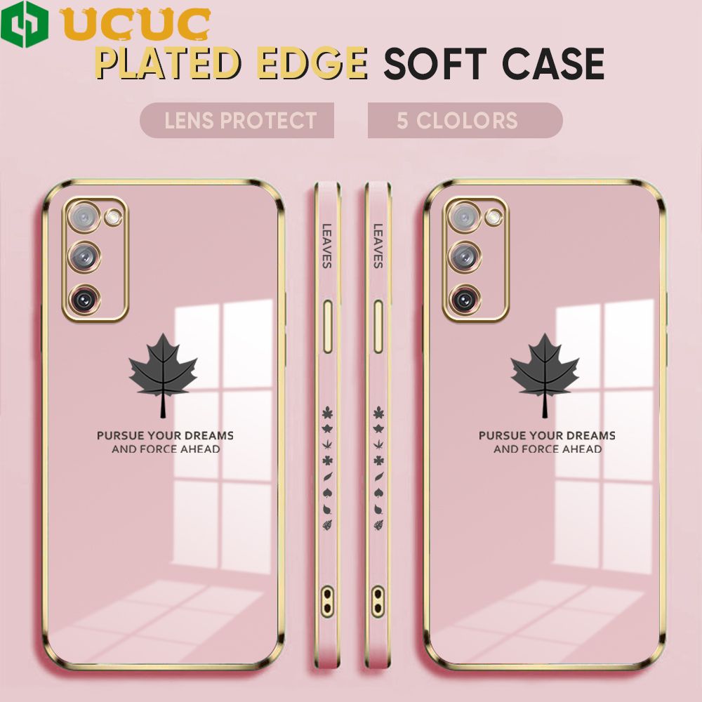 UCUC for Samsung Galaxy S20 FE S20FE 5G Back Cover + Free Lanyard Maple Leaf Luxury 6D Plating Case Side Pattern Soft Silicone Square Phone Cases