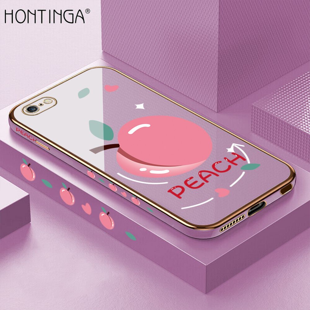 Hontinga for iPhone 6 Plus / 6s Plus Case Luxury 6D Plating Soft Casing Silicone Square Frame Phone Cover Shiny Bling Side Print Cartoon Simple Peach Cases