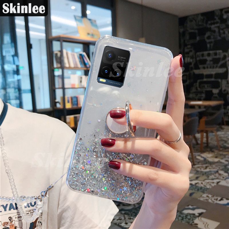 Skinlee Case for VIVO Y21 Glitter Starry Sky Bling Ring Lanyard Shiny Soft Back Cover for VIVO Y21 Transparent Holder Stand Back Cover Stars Girls