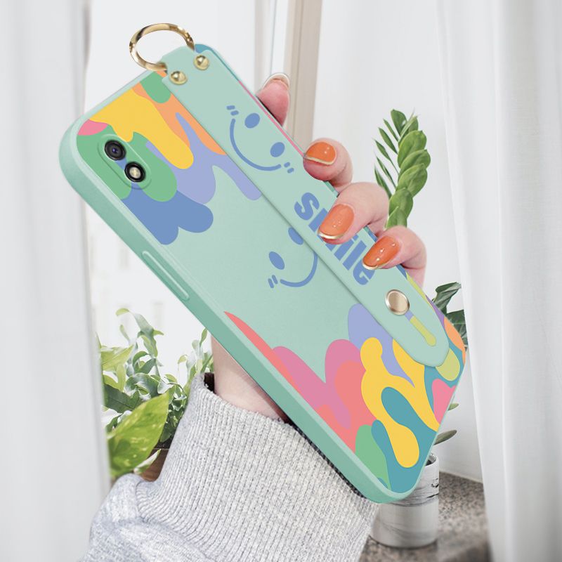 Jizetin for Xiaomi Redmi 9A Wrist Strap Case Soft Candy Color Splash Ink Cover Ultra Thin Anti Fall Liquid Silicone Phone Case
