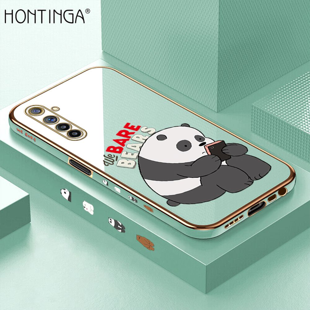 Hontinga for Realme 6 / Narzo Case + Free Lanyard Luxury 6D Plating Cute Cartoon Panda Side Pattern Soft Back Cover Silicone Square Phone Cases