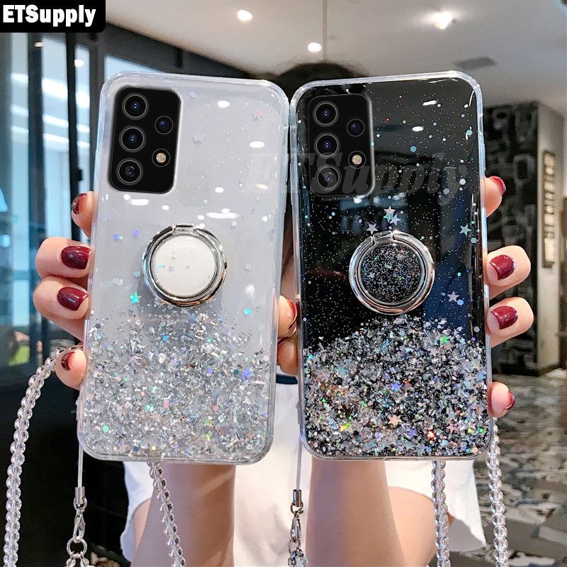 Case Galaxy A52S Phone Cover Shiny Glitter Ring Case Soft Transparent Holder Stand Cover with String for Samsung A52S Phone Cases Stars Moon Girls