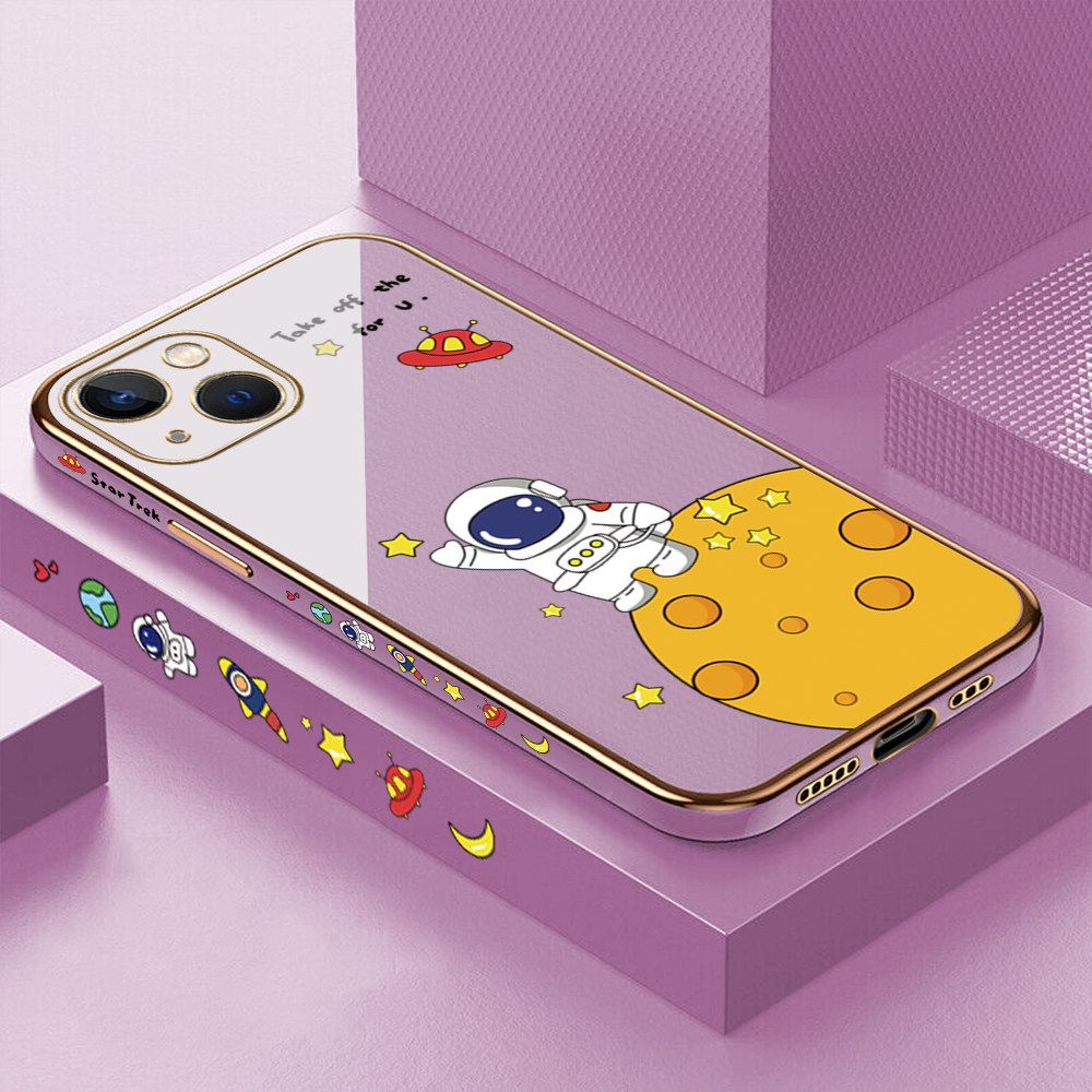 Luxury 6D Plating Case for iPhone 13 Cute Cartoon Happy Astronaut Side Pattern Back Cover Soft Silicone Square Frame Shiny Bling Phone Cases + Free Lanyard