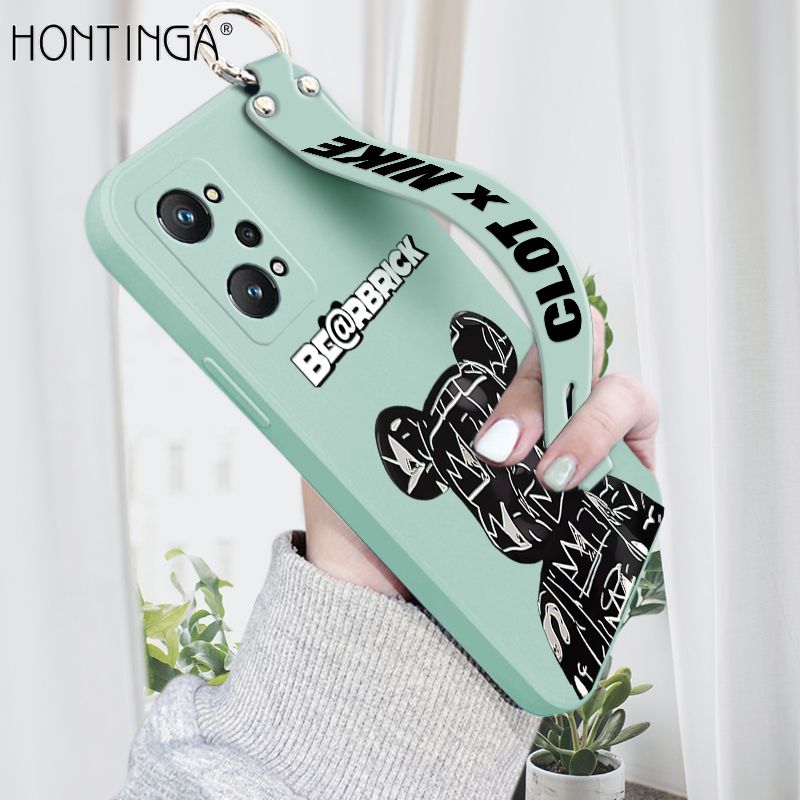 Hontinga for Realme GT Neo2 Wrist Strap Case Fashion Cool Bear Cover Trend Square Printed Pattern Liquid Silicone Phone Case