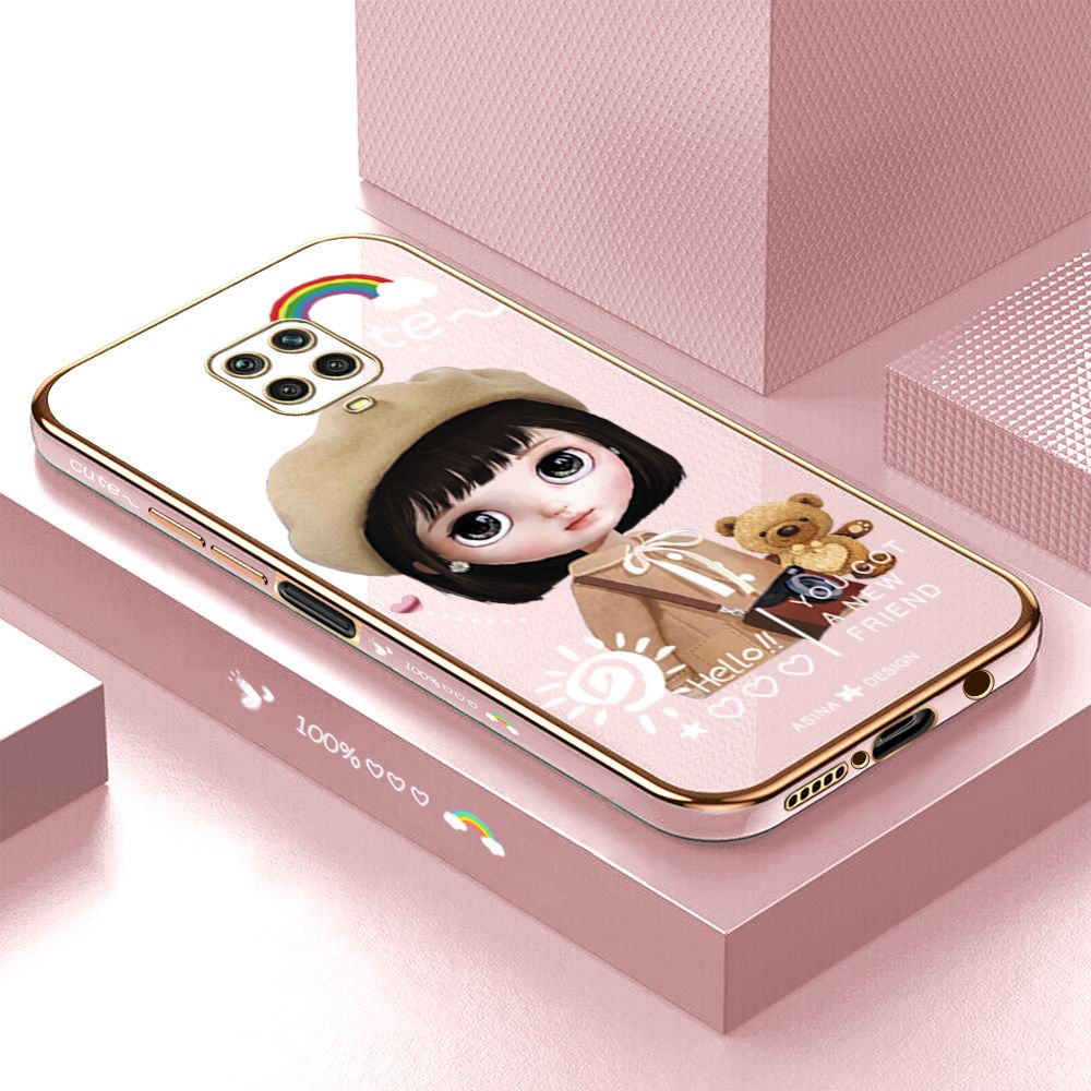 Luxury 6D Plating Case for Xiaomi Redmi Note 9 Pro Max Cute Satchel Girl Side Pattern Back Cover Soft Silicone Square Phone Cases + Free Lanyard