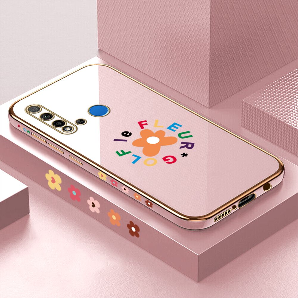Luxury 6D Plating Case for Huawei Nova 5I Cartoon Flower Side Pattern Back Cover Soft Silicone Square Phone Cases + Free Lanyard