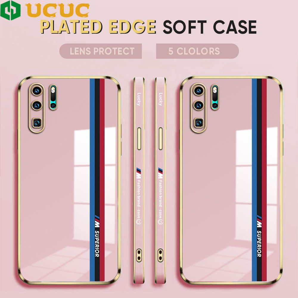 UCUC for Huawei P30 Pro Back Cover + Free Lanyard Track Sign Luxury 6D Plating Case Side Pattern Soft Silicone Square Phone Cases