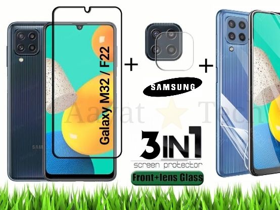 Samsung Galaxy F22 / M32  3in1 Combo Pack (Front Screen Protector Glass, Camera Nano Poly Flim Protactor, Back Transparent Gel Poly)
