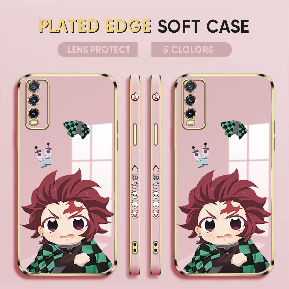Luxury 6D Plating Case for Vivo Y20i Phone Cases Cartoon Anime Demon Slayer Side Print Soft Silicone Square Back Cover