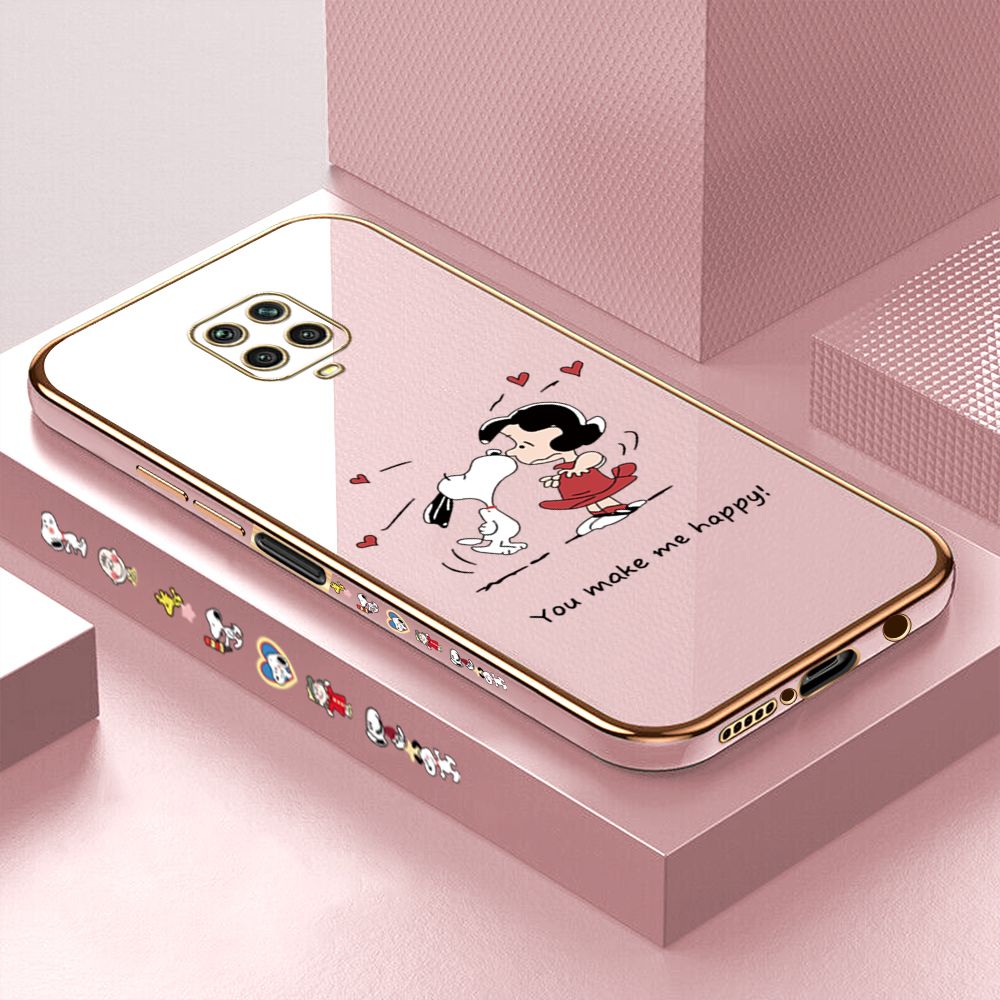 Luxury 6D Plating Case for Xiaomi Redmi Note 9 Pro Max Cartoon Happy Puppy Side Pattern Back Cover Soft Silicone Square Phone Cases + Free Lanyard
