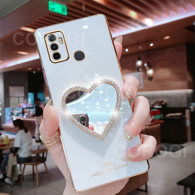 For OPPO A53 2020 Cover with Makeup Mirror Shiny Plating Square Bumper Girls Phone Case Soft TPU Silicone Shockproof Protective Back Cover
