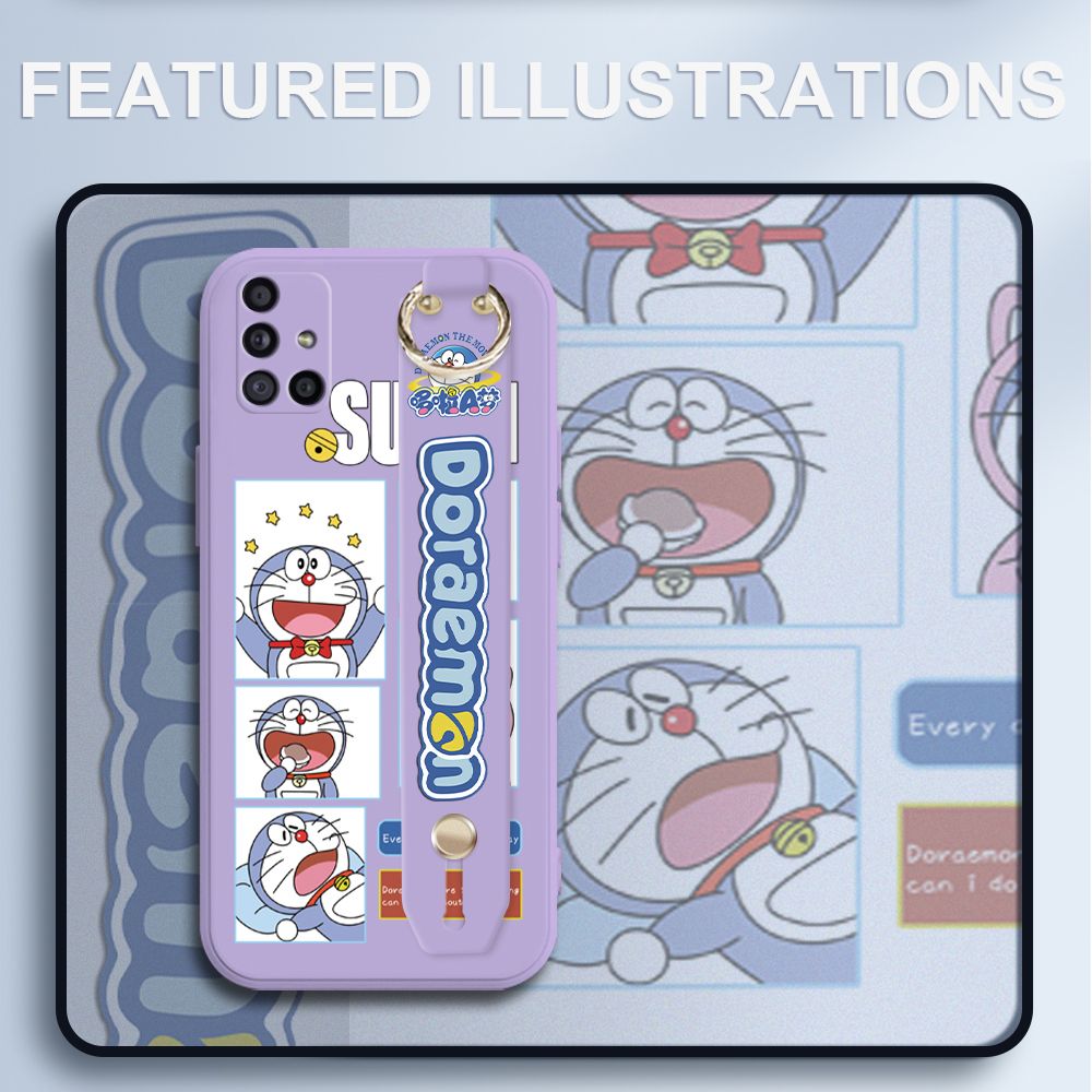 UCUC for Samsung Galaxy A71 Wrist Strap Case Creative Cartoon Doraemon's Daily Life Cover Ultra Thin Anti Fall Liquid Silicone Phone Case
