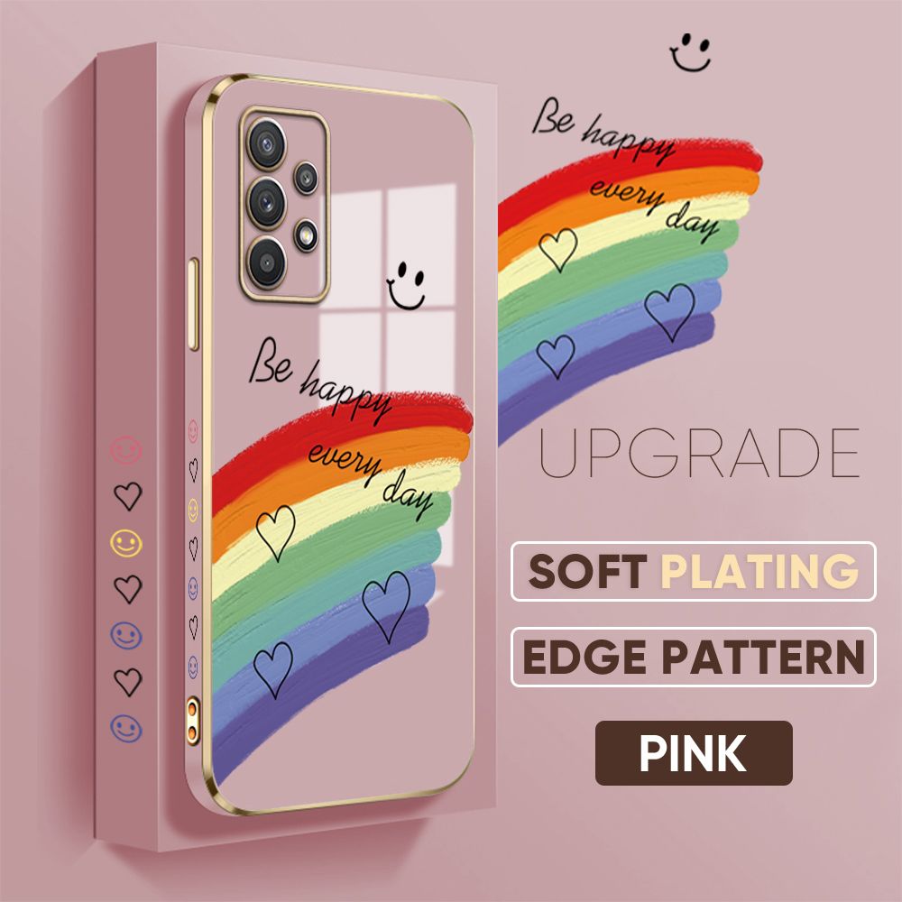 TA for Samsung Galaxy A32 4G Back Cover + Free Lanyard Rainbow Doodle Luxury 6D Plating Case Side Pattern Soft Silicone Square Phone Cases