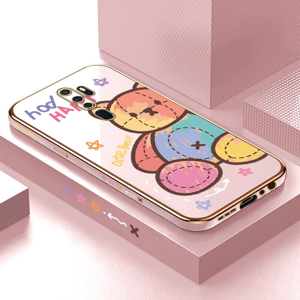Luxury 6D Plating Case for OPPO A9 2020 Color Cartoon Doll Bear Side Pattern Back Cover Soft Silicone Square Frame Shiny Bling Phone Cases + Free Lanyard