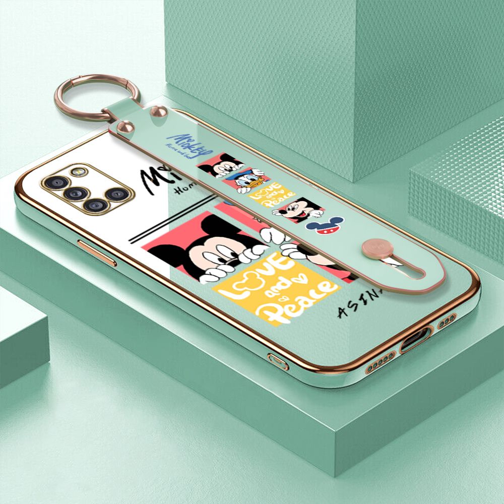 Jizetin for Samsung Galaxy A31 Back Cover Lovely Mouse Luxury 6D Plating Wrist Strap Phone Cases Soft Silicone Square Mobile Phone Case