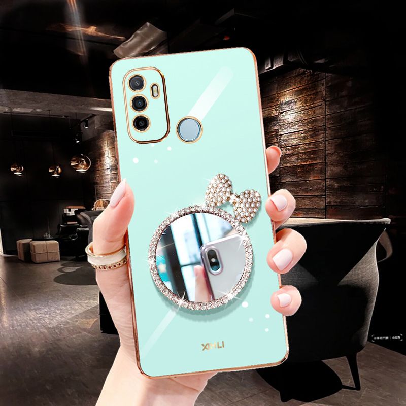 For OPPO A53 A33 2020 Back Cover + Bowknot Makeup Mirror Fashion Shiny Plating Square Bumper Bling Girls Phone Case Soft TPU Silicone Shockproof Back Cover